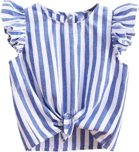 Verdusa Toddler Girl's Striped Ruffle Trim Cap Sleeve Summer Tops Blouse in Saudi Arabia