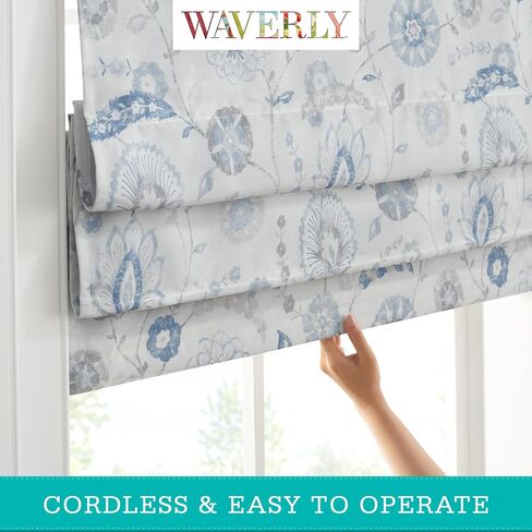 Waverly Annisa Jacobean Floral 100% ظل روماني معتم، بدون أسلاك وتقليل الضوضاء ظل النافذة للخصوصية، معالجات النوافذ الحرارية لفوائد توفير الطاقة، 81.28 سم عرضًا × 167.66 سم طولاً، أزرق in Saudi Arabia