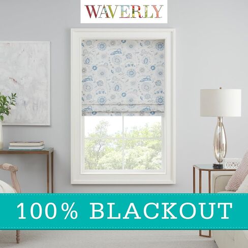 Waverly Annisa Jacobean Floral 100% ظل روماني معتم، بدون أسلاك وتقليل الضوضاء ظل النافذة للخصوصية، معالجات النوافذ الحرارية لفوائد توفير الطاقة، 81.28 سم عرضًا × 167.66 سم طولاً، أزرق in Saudi Arabia