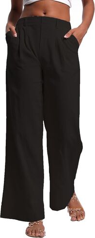 Women's Linen Pants Elastic High Waist Wide Leg Palazzo Pants Casual Flowy Trousers Vacation Outfits with Pockets in Saudi Arabia