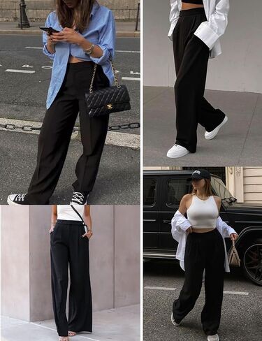 Women's Linen Pants Elastic High Waist Wide Leg Palazzo Pants Casual Flowy Trousers Vacation Outfits with Pockets in Saudi Arabia