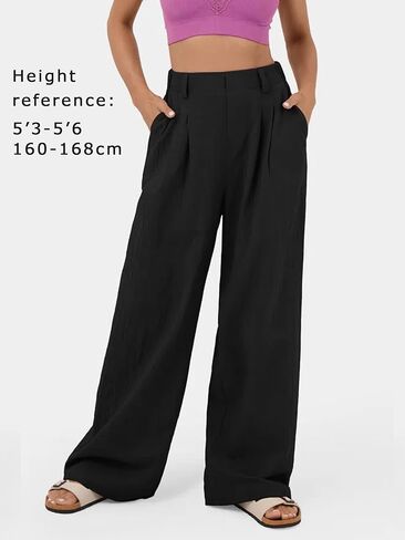 Women's Linen Pants Elastic High Waist Wide Leg Palazzo Pants Casual Flowy Trousers Vacation Outfits with Pockets in Saudi Arabia
