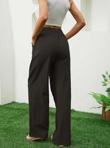 Women's Linen Pants Elastic High Waist Wide Leg Palazzo Pants Casual Flowy Trousers Vacation Outfits with Pockets in Saudi Arabia