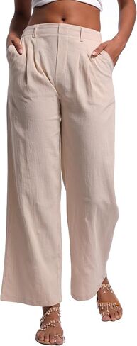 Women's Linen Pants Elastic High Waist Wide Leg Palazzo Pants Casual Flowy Trousers Vacation Outfits with Pockets in Saudi Arabia