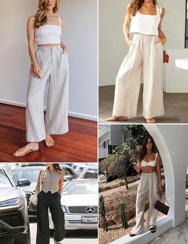 Women's Linen Pants Elastic High Waist Wide Leg Palazzo Pants Casual Flowy Trousers Vacation Outfits with Pockets in Saudi Arabia