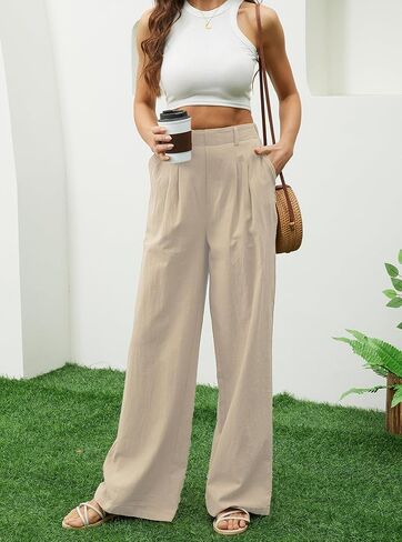 Women's Linen Pants Elastic High Waist Wide Leg Palazzo Pants Casual Flowy Trousers Vacation Outfits with Pockets in Saudi Arabia