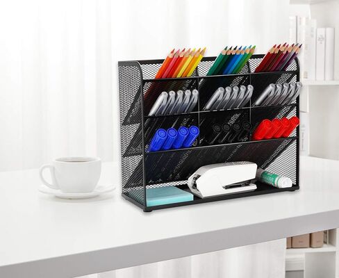 منظم أقلام رصاص مكتبي شبكي، حامل أقلام رصاص، مجموعة منظم سطح المكتب للمكتب - 9 مقصورات مع رف تخزين - حامل أقلام علامات لمستلزمات الأعمال الفنية المنزلية والمكتبية - أسود in Kuwait