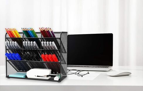 منظم أقلام رصاص مكتبي شبكي، حامل أقلام رصاص، مجموعة منظم سطح المكتب للمكتب - 9 مقصورات مع رف تخزين - حامل أقلام علامات لمستلزمات الأعمال الفنية المنزلية والمكتبية - أسود in Kuwait