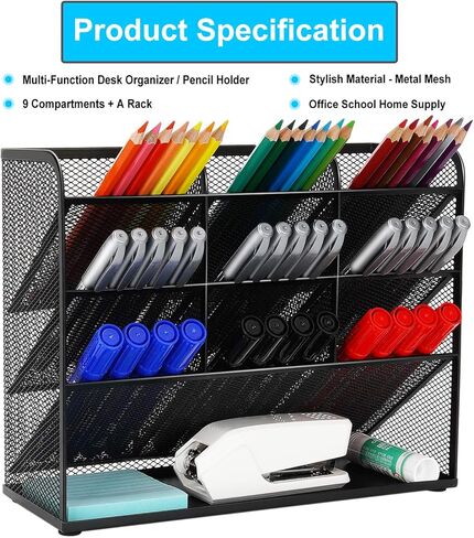 منظم أقلام رصاص مكتبي شبكي، حامل أقلام رصاص، مجموعة منظم سطح المكتب للمكتب - 9 مقصورات مع رف تخزين - حامل أقلام علامات لمستلزمات الأعمال الفنية المنزلية والمكتبية - أسود in Kuwait
