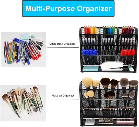 منظم أقلام رصاص مكتبي شبكي، حامل أقلام رصاص، مجموعة منظم سطح المكتب للمكتب - 9 مقصورات مع رف تخزين - حامل أقلام علامات لمستلزمات الأعمال الفنية المنزلية والمكتبية - أسود in Kuwait