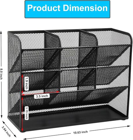 منظم أقلام رصاص مكتبي شبكي، حامل أقلام رصاص، مجموعة منظم سطح المكتب للمكتب - 9 مقصورات مع رف تخزين - حامل أقلام علامات لمستلزمات الأعمال الفنية المنزلية والمكتبية - أسود in Kuwait