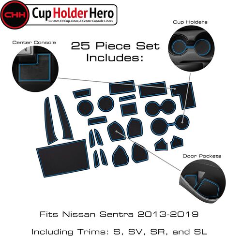 CupHolderHero يناسب ملحقات Nissan Sentra 2013-2019، حشوات حامل أكواب داخلية مضادة للانزلاق ومضادة للغبار، وسجادات بطانة وحدة التحكم المركزية، وبطانات جيب الباب، مجموعة 25 قطعة (زخرفة بيضاء) in Saudi Arabia