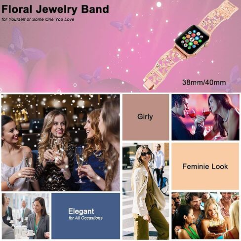 سوار زهري متوافق مع سوار مجوهرات Apple Watch مقاس 38 ملم 40 ملم 41 ملم سلسلة iWatch 9 8 7 SE، سوار كريستال بلينغ معدني مجوف، سوار معصم أنيق للنساء والفتيات (38/40/41 ملم ذهبي وردي) in Saudi Arabia