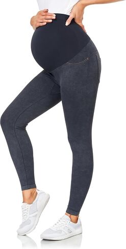 HOFISH Maternity Faux Jeans Leggings Over The Belly Seamless Comfy Stretch Pregnancy Demin Active Pants with Pockets Grey M in Saudi Arabia
