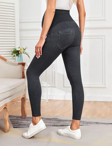 HOFISH Maternity Faux Jeans Leggings Over The Belly Seamless Comfy Stretch Pregnancy Demin Active Pants with Pockets Grey M in Saudi Arabia