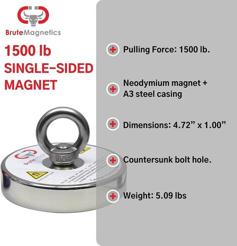 Brute Magnetics- 1500 lb Single Sided Fishing Magnet Bundle, Includes Strong Magnets for Fishing in Lakes or River, 4.7" Rare Earth Neodyminum Fishing Magnet, with Eyebolt and Threadlocker in Kuwait