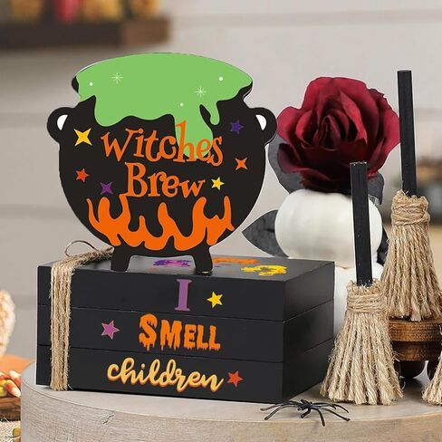ديكورات الهالوين Hocus Pocus - ديكور صينية ذات طبقات لمشروب الساحرات - مجموعة كتب مزخرفة من I Smell Childen Faux مع حبل من الجوت - ديكورات طاولة ريفية لمستلزمات الحفلات المنزلية in Kuwait