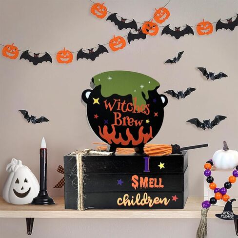 ديكورات الهالوين Hocus Pocus - ديكور صينية ذات طبقات لمشروب الساحرات - مجموعة كتب مزخرفة من I Smell Childen Faux مع حبل من الجوت - ديكورات طاولة ريفية لمستلزمات الحفلات المنزلية in Kuwait