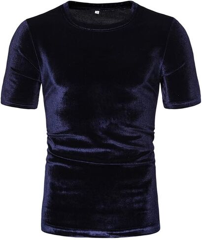 KISSQIQI Mens Shirt Velvet Glossy Short Sleeve Solid Color Fashion T-Shirt in Saudi Arabia