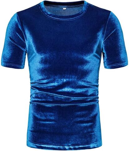 KISSQIQI Mens Shirt Velvet Glossy Short Sleeve Solid Color Fashion T-Shirt in Saudi Arabia