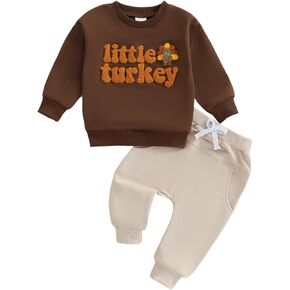 Toddler Baby Boy Girl Thanksgiving Outfit Little Turkey Embroidery Crewneck Sweatshirt and Pants Set 2Pcs Fall Outfit in Kuwait