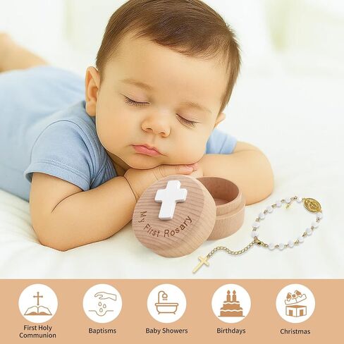 TBTFW مسبحتي الأولى مع صندوق تذكار من خشب الجوز، هدايا المعمودية الكاثوليكية، مسبحة الطفل، خرز مسبحة الدش، هدايا المناولة المقدسة الأولى للصبي والفتاة in Saudi Arabia