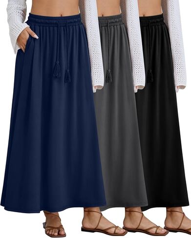 3 Pack Women's Maxi Long Skirts, Ankle Length a Line Elastic High Waist Flowy Boho Casual Skirt with Pockets in Saudi Arabia