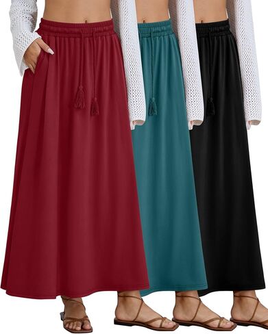 3 Pack Women's Maxi Long Skirts, Ankle Length a Line Elastic High Waist Flowy Boho Casual Skirt with Pockets in Saudi Arabia