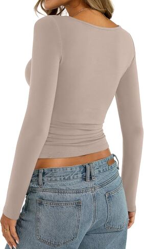 Womens Cotton Boat Neck Long Sleeve Shirts Basic Going Out Stretchy Slim Fit Y2k Crop Tops in Saudi Arabia