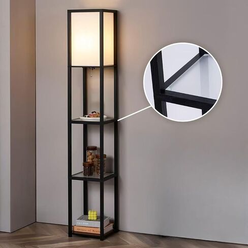 Floor Lamp with Shelves, 4-Tier Modern Shelf Floor Lamp, Corner Display Floor Lamp, Shelf Lamp with LED Bulb for Living Room, Bedroom and Office - Black in Kuwait