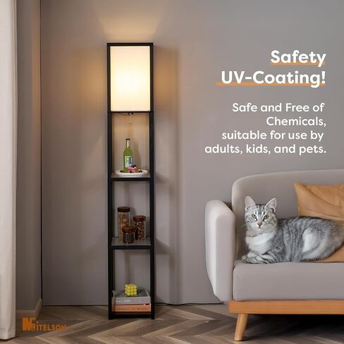 Floor Lamp with Shelves, 4-Tier Modern Shelf Floor Lamp, Corner Display Floor Lamp, Shelf Lamp with LED Bulb for Living Room, Bedroom and Office - Black in Kuwait