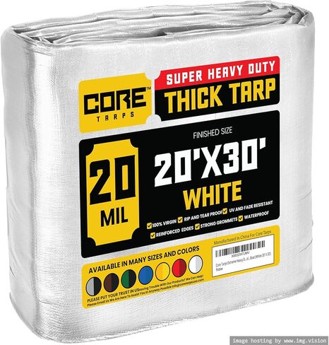 Core Tarps Extreme Dustice 20 Mil Tarp Cover ، مقاوم للماء ، مقاوم للأشعة فوق البنفسجية ، Poly Tarpaulin مع الحواف المعززة للسقف ، التخييم ، الفناء ، حمام سباحة ، قارب (أبيض 20 ′ × 30 ′) in Saudi Arabia