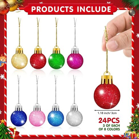 24Pcs Christmas Ball Ornaments Mini Glitter Christmas Tree Ornaments Colorful Christmas Ball Tree Decorations Mini Decorative Balls for Xmas Tree Party Decor (1.18 Inch) (Colorful) in Saudi Arabia