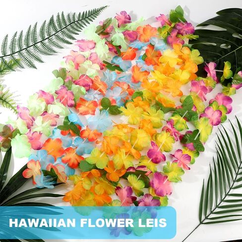 Hawaiian Leis ، 24pcs Leis for Luau Party Flower Flower Lei Bulk Hawaiian Necklace for Women Flower Beadbands & Bracelet Tropical Hawaiian Decorations for Birthday Wedding Holdy Beach in Kuwait