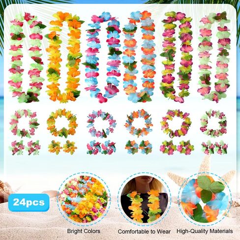 Hawaiian Leis ، 24pcs Leis for Luau Party Flower Flower Lei Bulk Hawaiian Necklace for Women Flower Beadbands & Bracelet Tropical Hawaiian Decorations for Birthday Wedding Holdy Beach in Kuwait