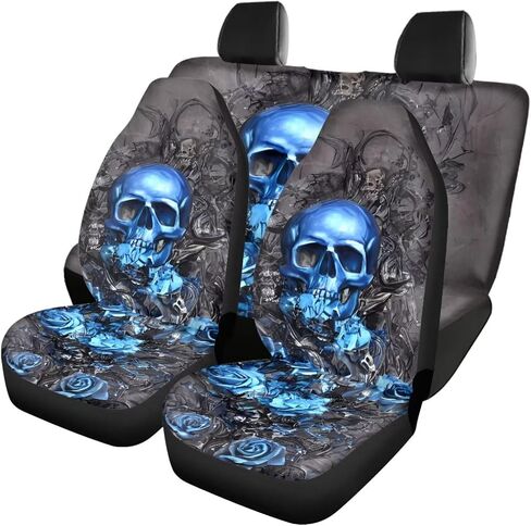 Modysero Blue Skull Rose Car Front Rear Seat Covers Car Decor Interior Accessories,4 Pcs Soft Split Auto Seat Protector for Women Mans Waterproof Seat Covers for Cars SUV Trucks in Kuwait