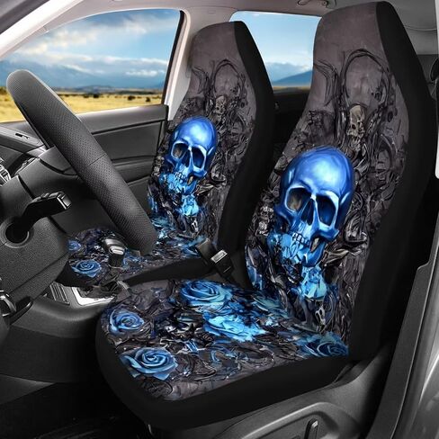 Modysero Blue Skull Rose Car Front Rear Seat Covers Car Decor Interior Accessories,4 Pcs Soft Split Auto Seat Protector for Women Mans Waterproof Seat Covers for Cars SUV Trucks in Kuwait