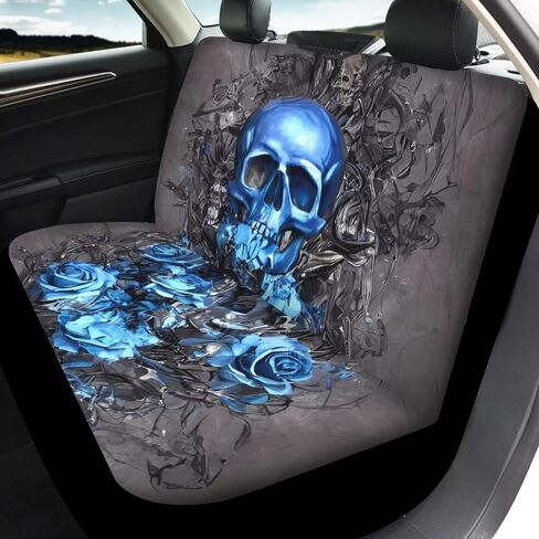 Modysero Blue Skull Rose Car Front Rear Seat Covers Car Decor Interior Accessories,4 Pcs Soft Split Auto Seat Protector for Women Mans Waterproof Seat Covers for Cars SUV Trucks in Kuwait