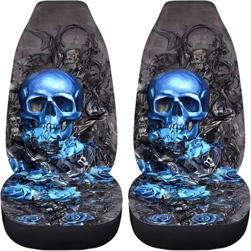 Modysero Blue Skull Rose Car Front Rear Seat Covers Car Decor Interior Accessories,4 Pcs Soft Split Auto Seat Protector for Women Mans Waterproof Seat Covers for Cars SUV Trucks in Kuwait