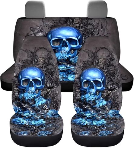 Modysero Blue Skull Rose Car Front Rear Seat Covers Car Decor Interior Accessories,4 Pcs Soft Split Auto Seat Protector for Women Mans Waterproof Seat Covers for Cars SUV Trucks in Kuwait