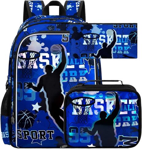 gxtvo 3PCS Boys Basketball Backpack, 17" Kids Bookbag with Lunch Box, Water Resistant Middle Elementary Preschool School Bag in Saudi Arabia