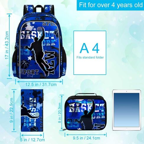 gxtvo 3PCS Boys Basketball Backpack, 17" Kids Bookbag with Lunch Box, Water Resistant Middle Elementary Preschool School Bag in Saudi Arabia