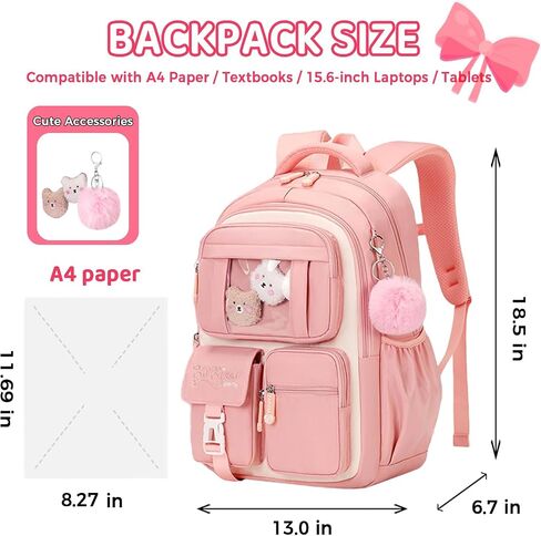 Cute School Backpack for Teen Girls Kawaii Waterproof Large Capacity Bookbag for Kids Elementary Middle School Preppy Aesthetic Book Bag with Cute Accessories for Ages 6-8 8-10 10-12 (Pink White) in Kuwait