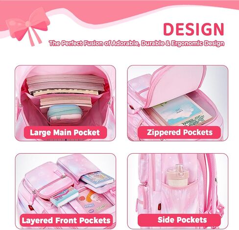 Cute School Backpack for Teen Girls Kawaii Waterproof Large Capacity Bookbag for Kids Elementary Middle School Preppy Aesthetic Book Bag with Cute Accessories for Ages 6-8 8-10 10-12 (Pink White) in Kuwait