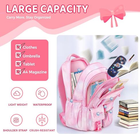 Cute School Backpack for Teen Girls Kawaii Waterproof Large Capacity Bookbag for Kids Elementary Middle School Preppy Aesthetic Book Bag with Cute Accessories for Ages 6-8 8-10 10-12 (Pink White) in Kuwait