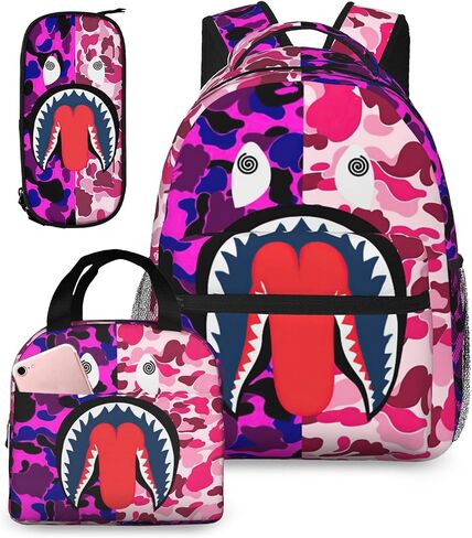 Backpack Shark Teeth Camo Backpacks Set with Lunch Box Pencil Case Travel Laptop Daypack Big Capacity Bookbag Fashion Durable Back Pack PINK in Saudi Arabia