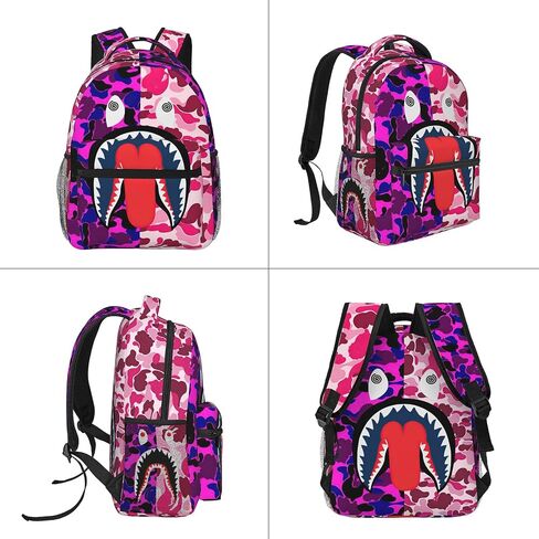 Backpack Shark Teeth Camo Backpacks Set with Lunch Box Pencil Case Travel Laptop Daypack Big Capacity Bookbag Fashion Durable Back Pack PINK in Saudi Arabia