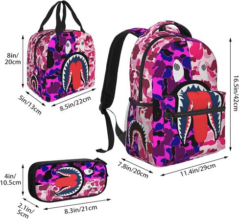Backpack Shark Teeth Camo Backpacks Set with Lunch Box Pencil Case Travel Laptop Daypack Big Capacity Bookbag Fashion Durable Back Pack PINK in Saudi Arabia