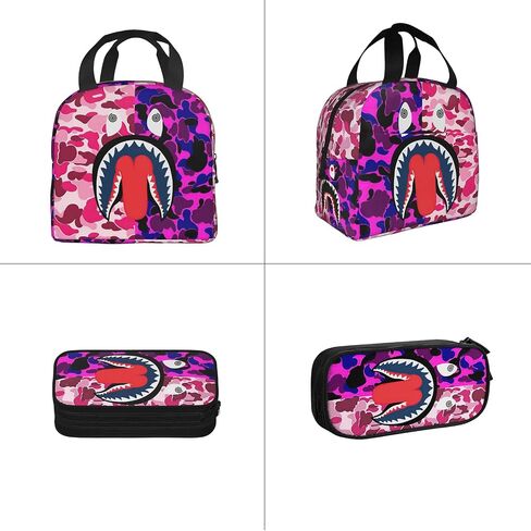 Backpack Shark Teeth Camo Backpacks Set with Lunch Box Pencil Case Travel Laptop Daypack Big Capacity Bookbag Fashion Durable Back Pack PINK in Saudi Arabia