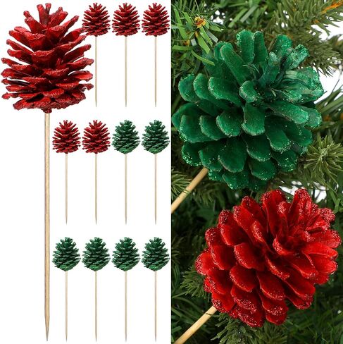 12 Pcs Christmas Pine Cones Picks Gold Glitter 2.4 x 3.15 Inches Pinecone with Wired Pick Artificial Christmas Tree Decorations Ornaments Holiday Centerpiece for Craft Garland Wreath DIY in Saudi Arabia